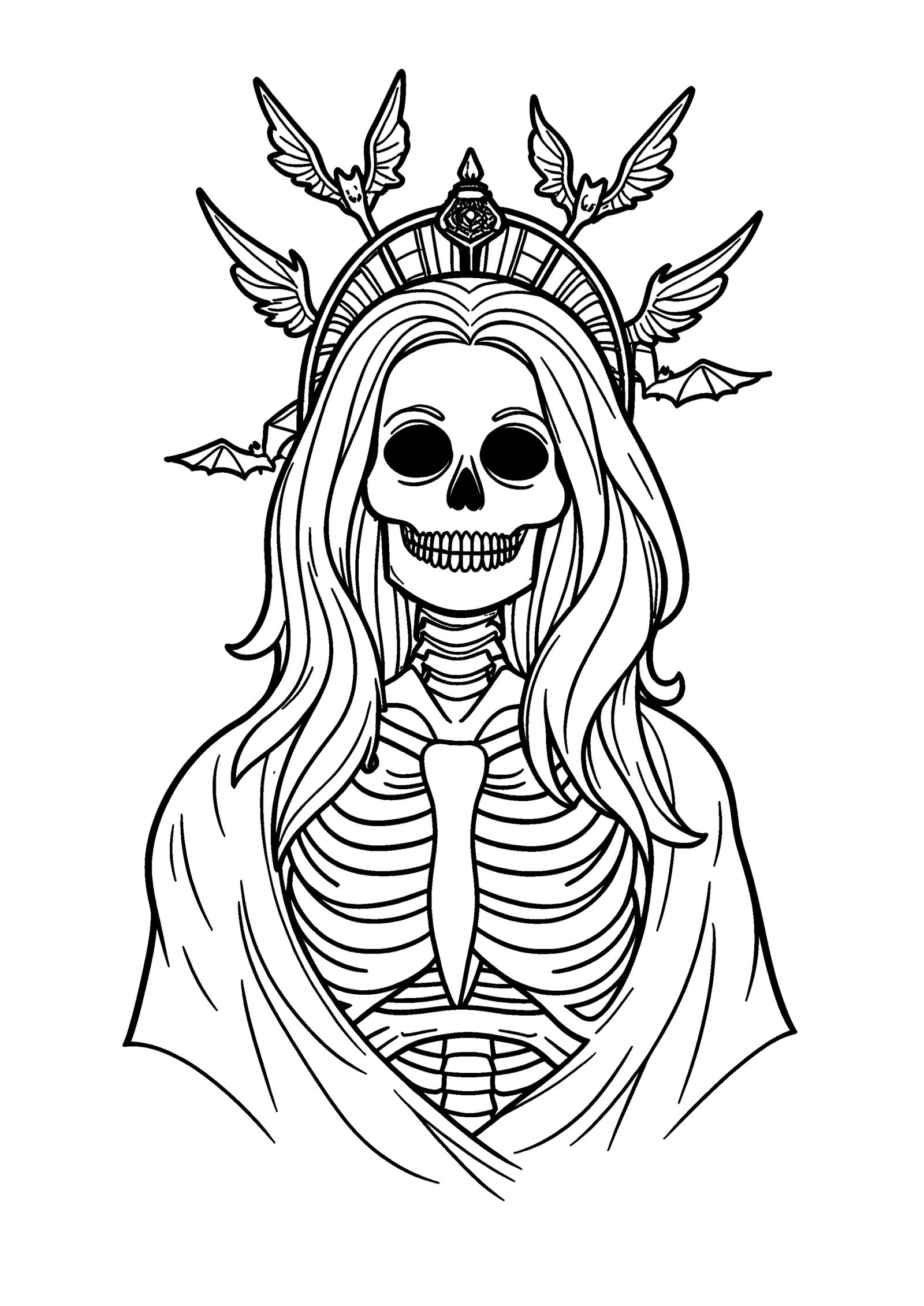 Coloriage Dame squelette couronnée de chauves-souris, variante 3