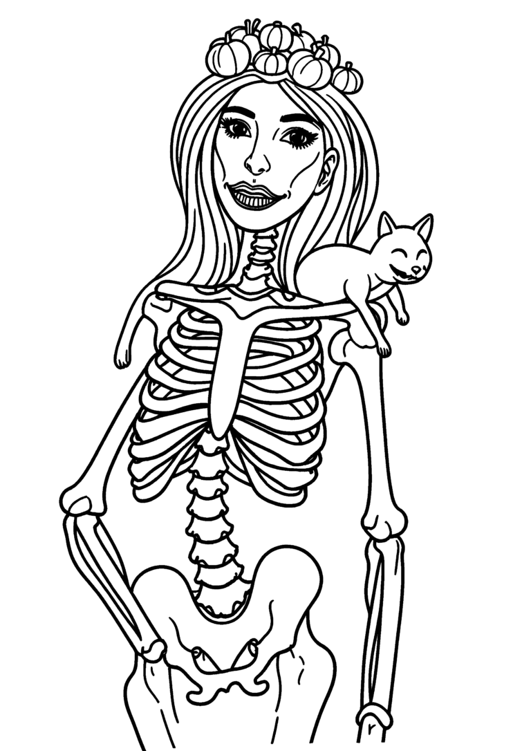 Coloriage Dame squelette couronnée de citrouilles à imprimer gratuitement