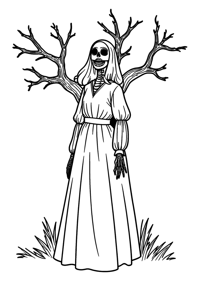 Coloriage Dame squelette dans la brume à imprimer gratuitement