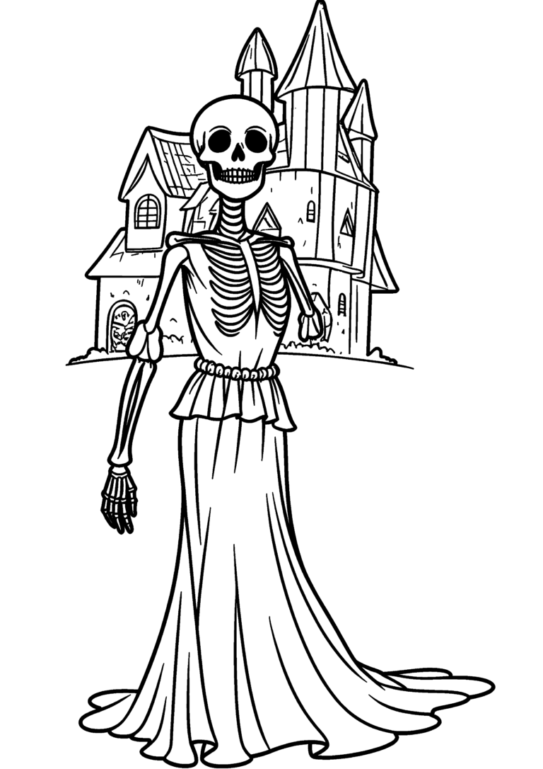 Coloriage Dame squelette devant maison hantée à imprimer gratuitement