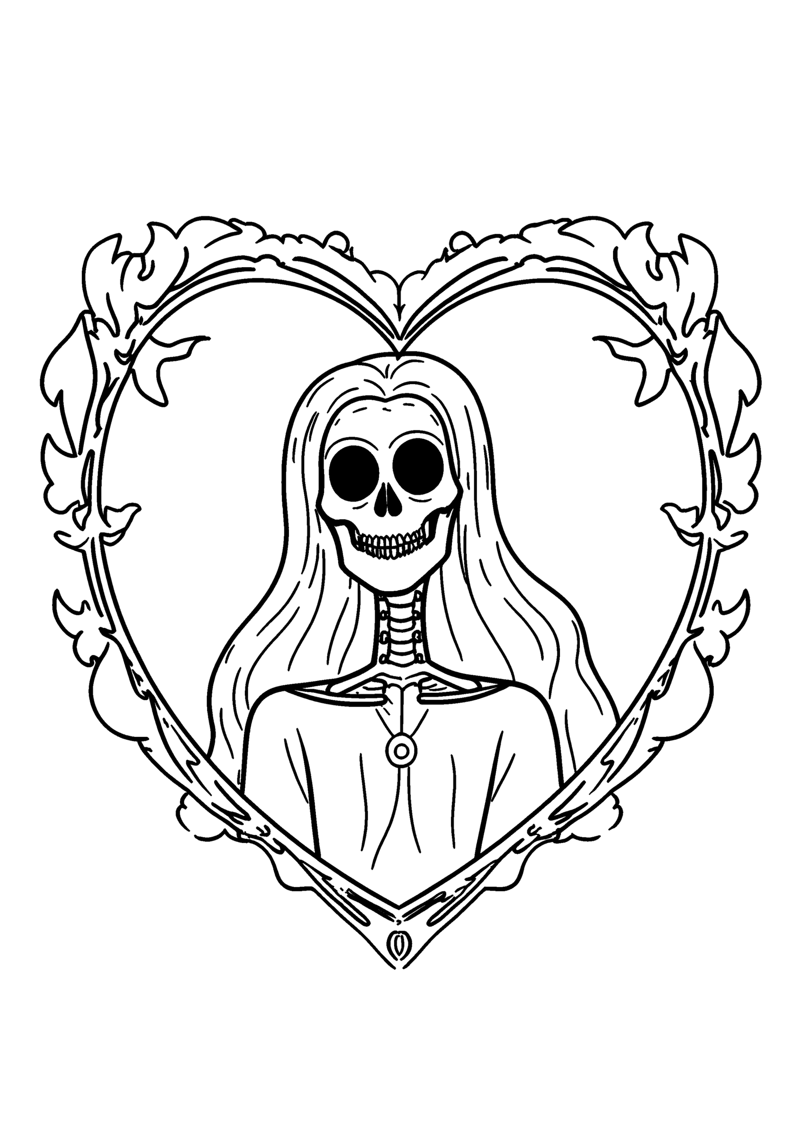 Coloriage Dame squelette encadrée, variante 2
