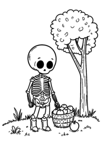 Enfant squelette cueillant des pommes