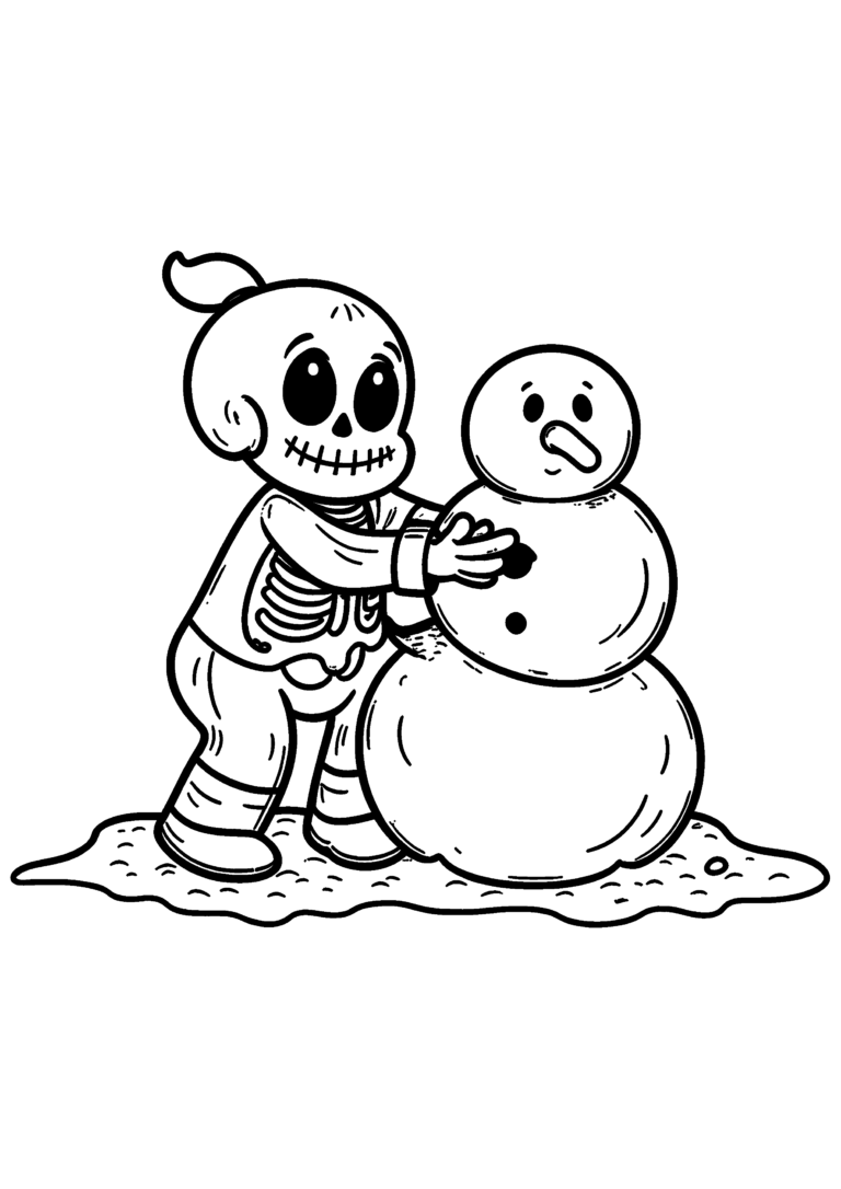 Coloriage Enfant squelette faisant un bonhomme de neige à imprimer gratuitement
