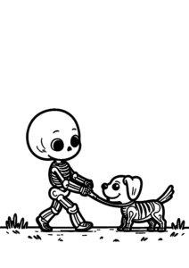 Enfant squelette promenant un chien
