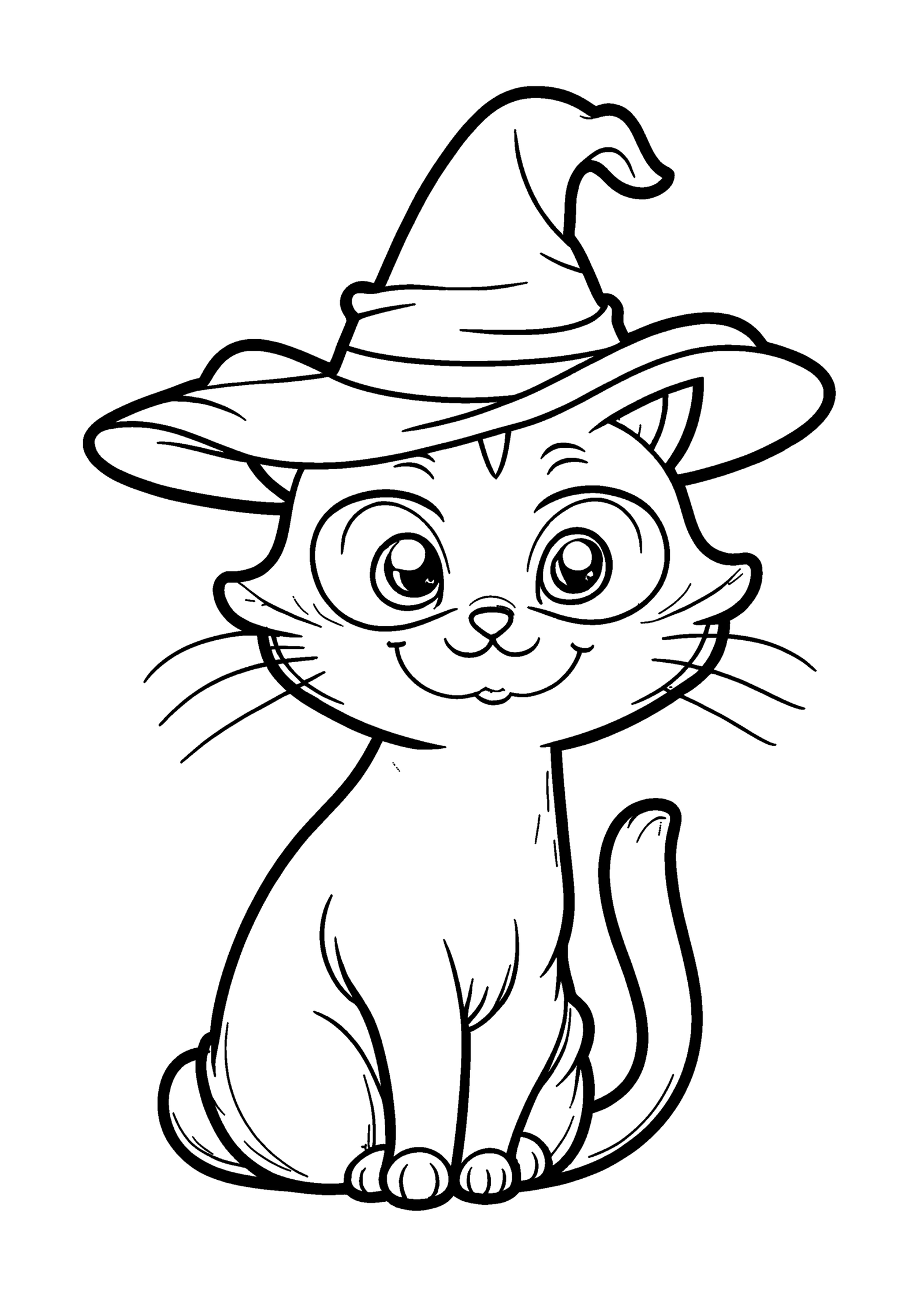 Coloriage Petit chat à chapeau de sorcière à imprimer
