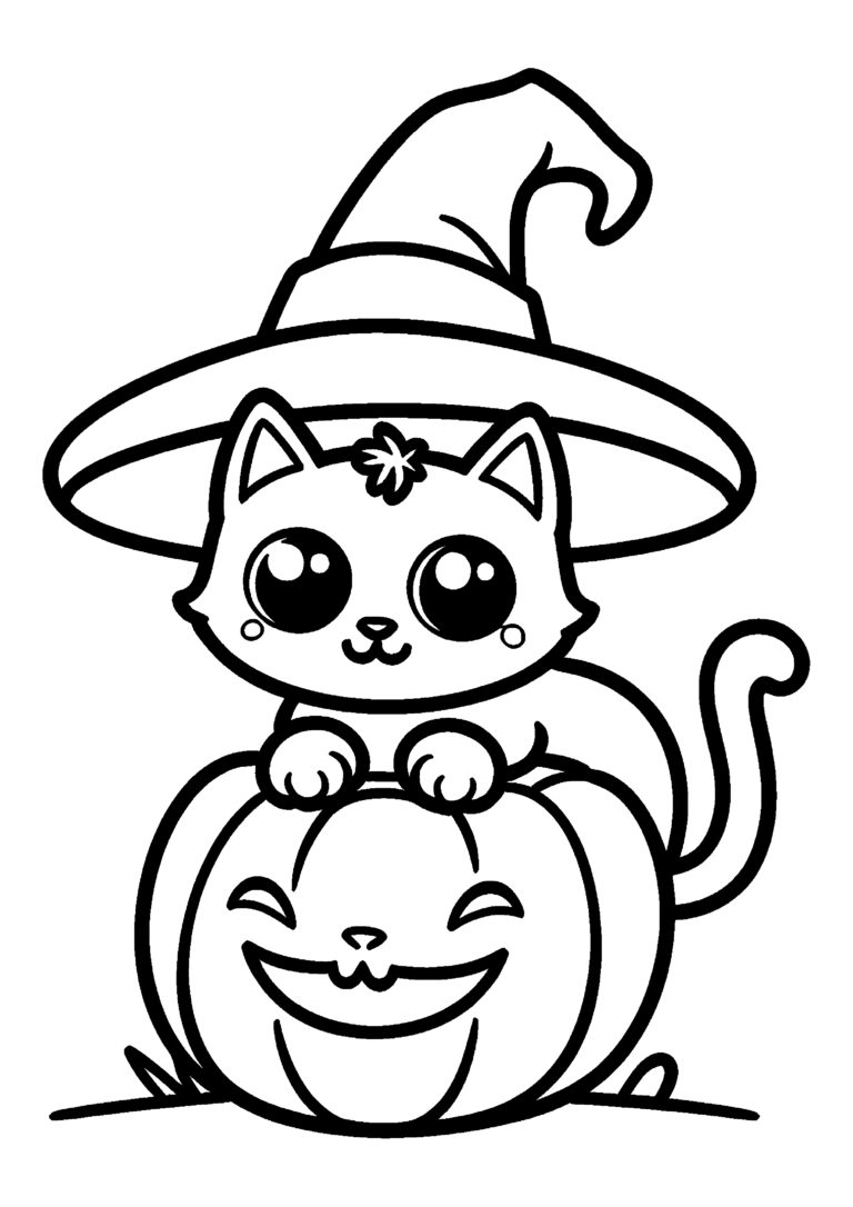 Coloriage Petit chat noir à chapeau de sorcière à imprimer gratuitement