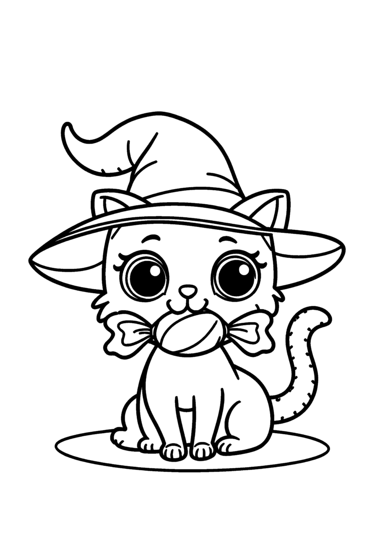 Coloriage Petit chat sorcier avec bonbon à imprimer gratuitement