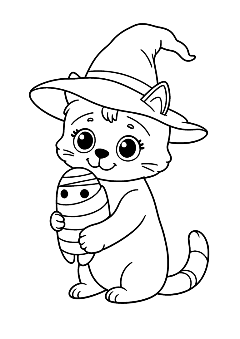 Coloriage Petit chat sorcier avec momie à imprimer gratuitement
