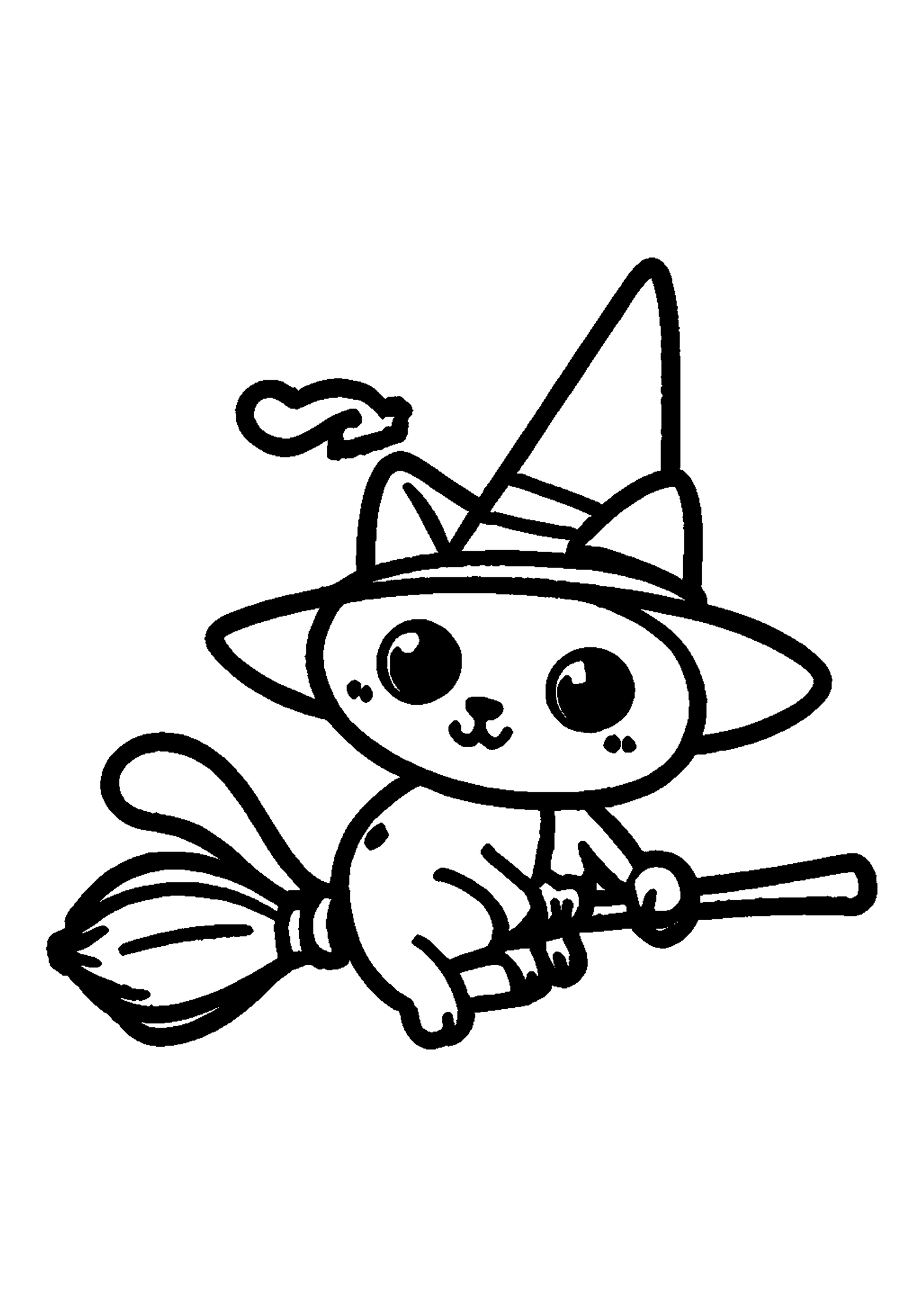 Coloriage Petit chat sorcier sur balai à imprimer