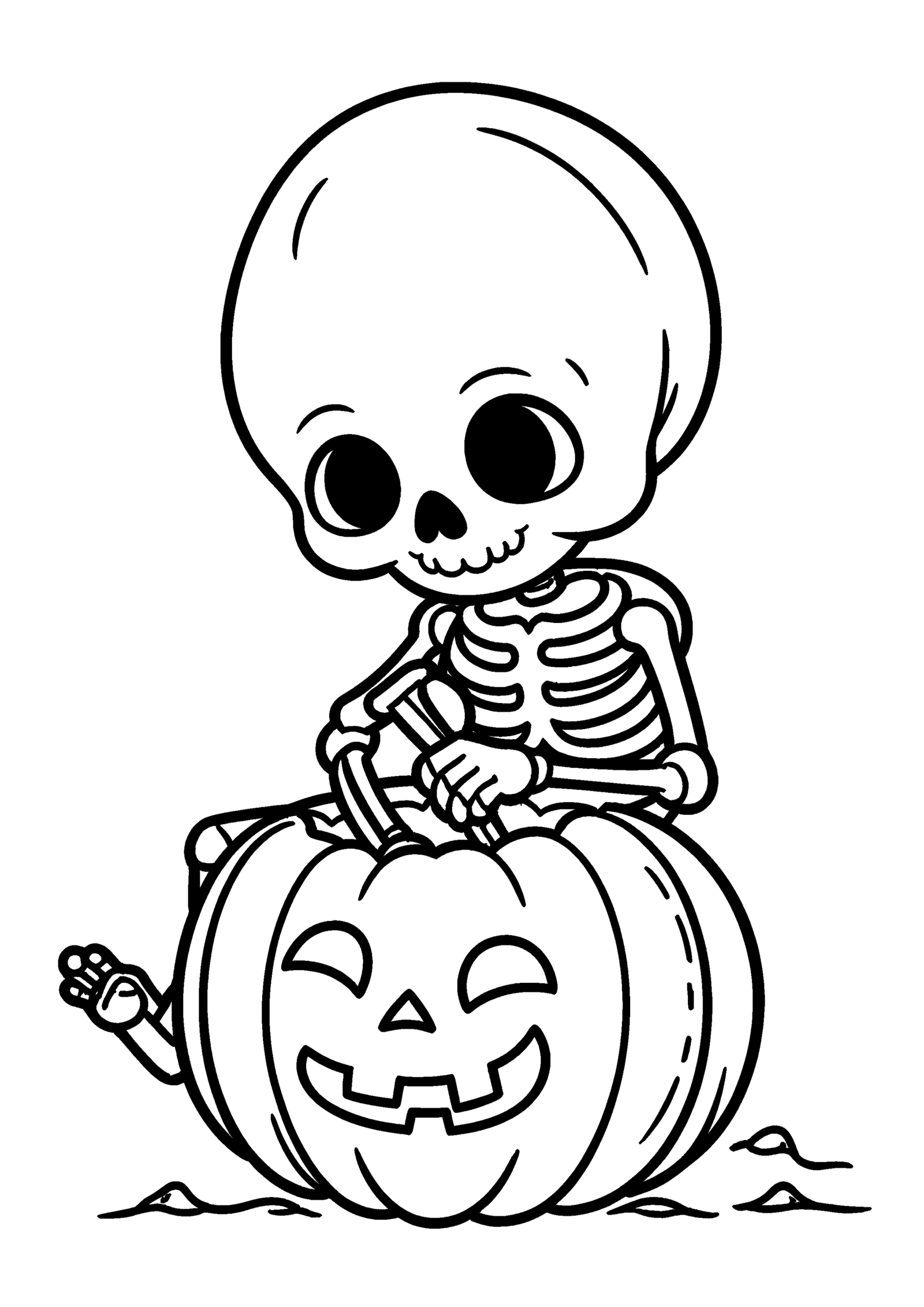 Coloriage Petit squelette sculptant une citrouille, variante 2