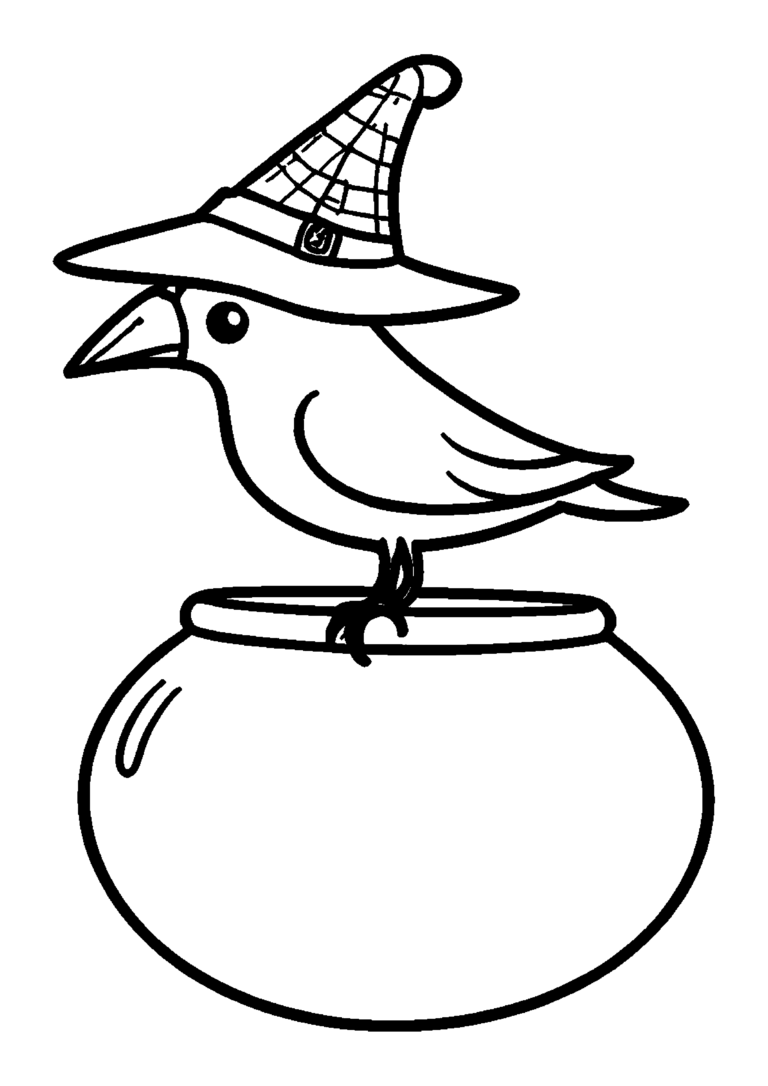 Coloriage Petite corneille sur chaudron à imprimer gratuitement