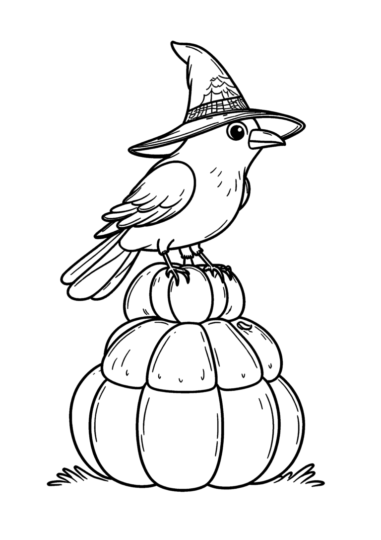 Coloriage Petite corneille sur citrouilles à imprimer gratuitement