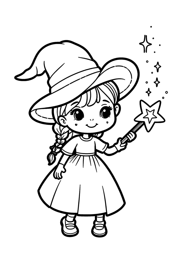 Coloriage Petite sorcière à la baguette étoilée à imprimer gratuitement