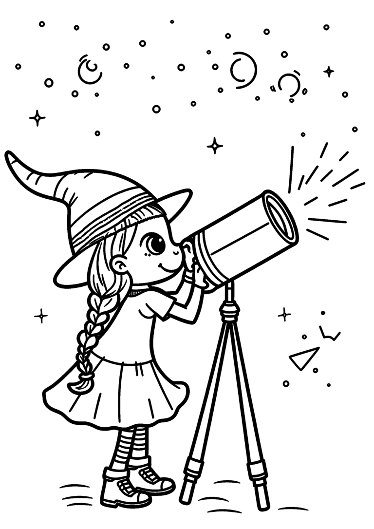 Coloriage Petite sorcière à la longue-vue à imprimer gratuitement