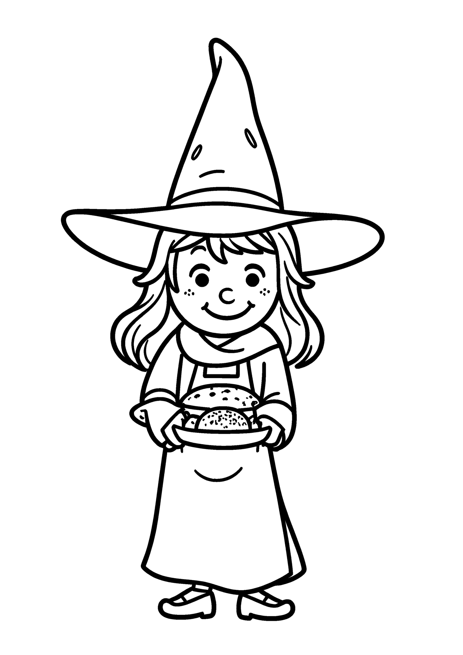 Coloriage Petite sorcière achetant du pain chaud, variante 2