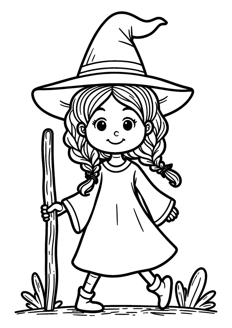 Coloriage Petite sorcière au bâton de marche à imprimer gratuitement