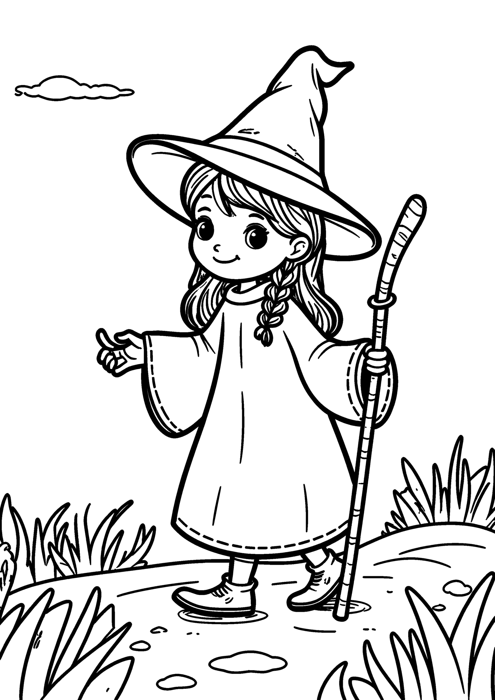 Coloriage Petite sorcière au bâton de marche, variante 2