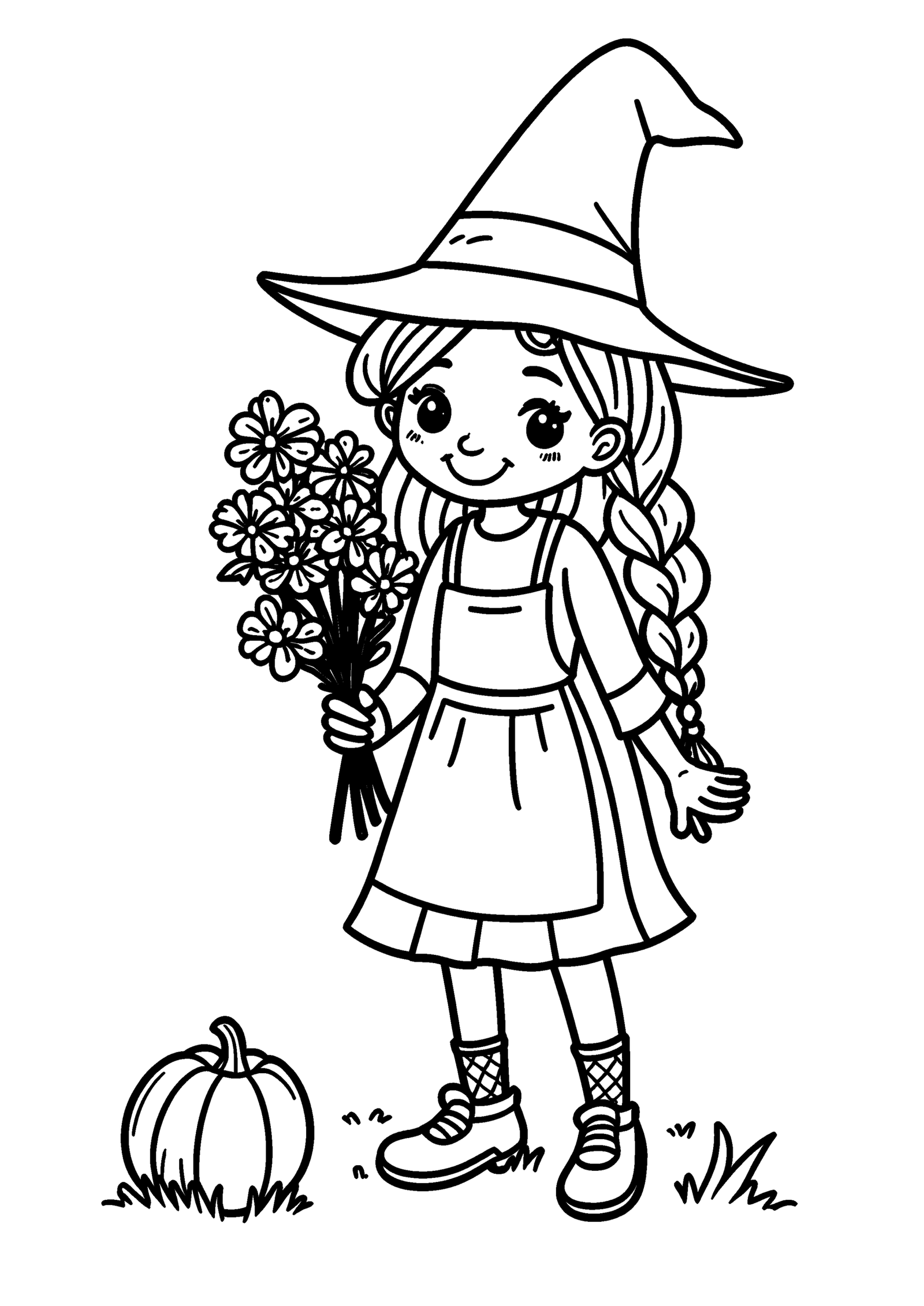 Coloriage Petite sorcière au bouquet d'automne, variante 1