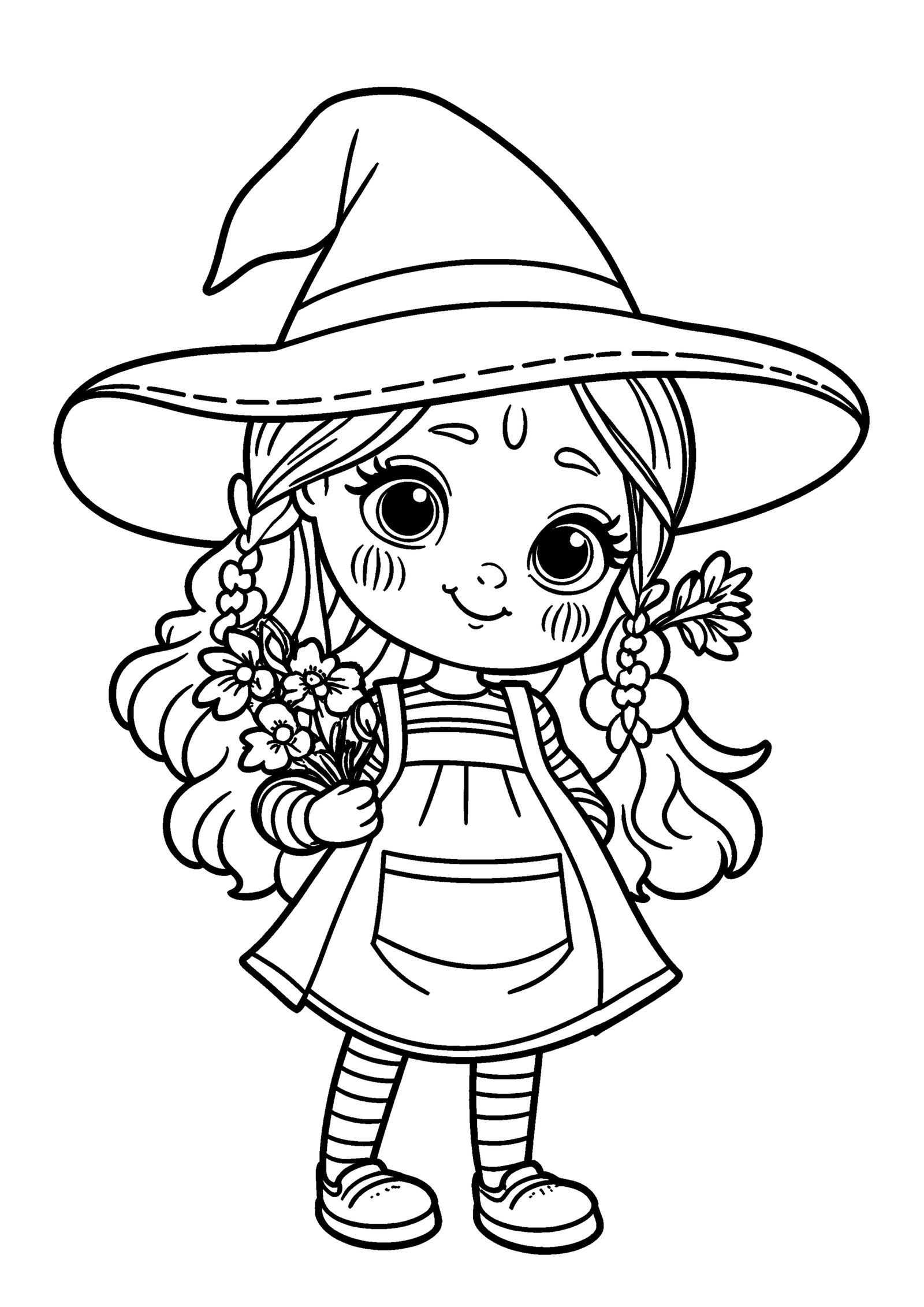 Coloriage Petite sorcière au bouquet d'automne, variante 2