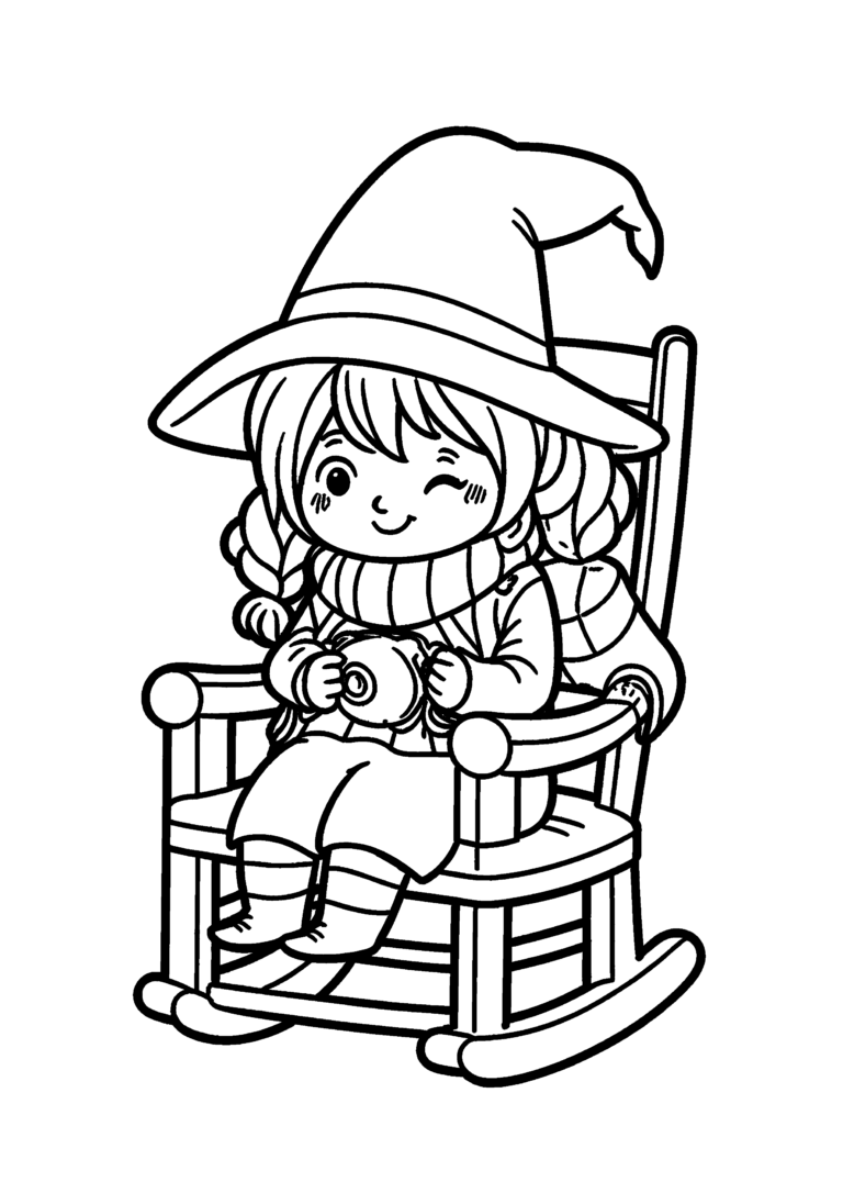Coloriage Petite sorcière au fauteuil à bascule à imprimer gratuitement