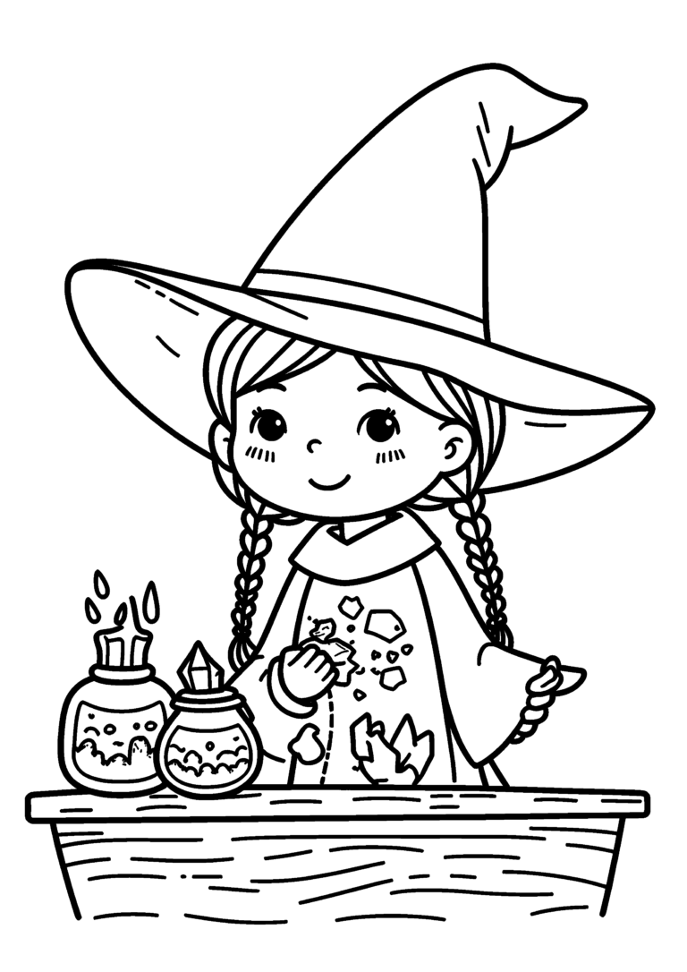 Coloriage Petite sorcière aux cristaux magiques à imprimer gratuitement