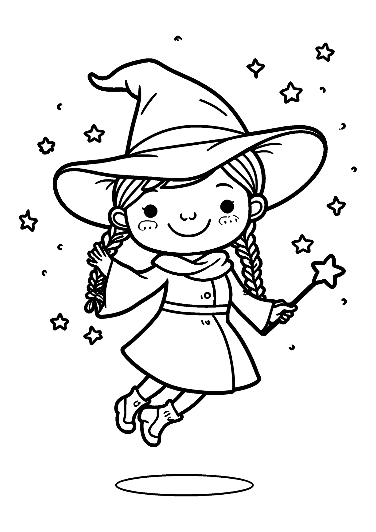 Coloriage Petite sorcière aux étoiles flottantes à imprimer gratuitement