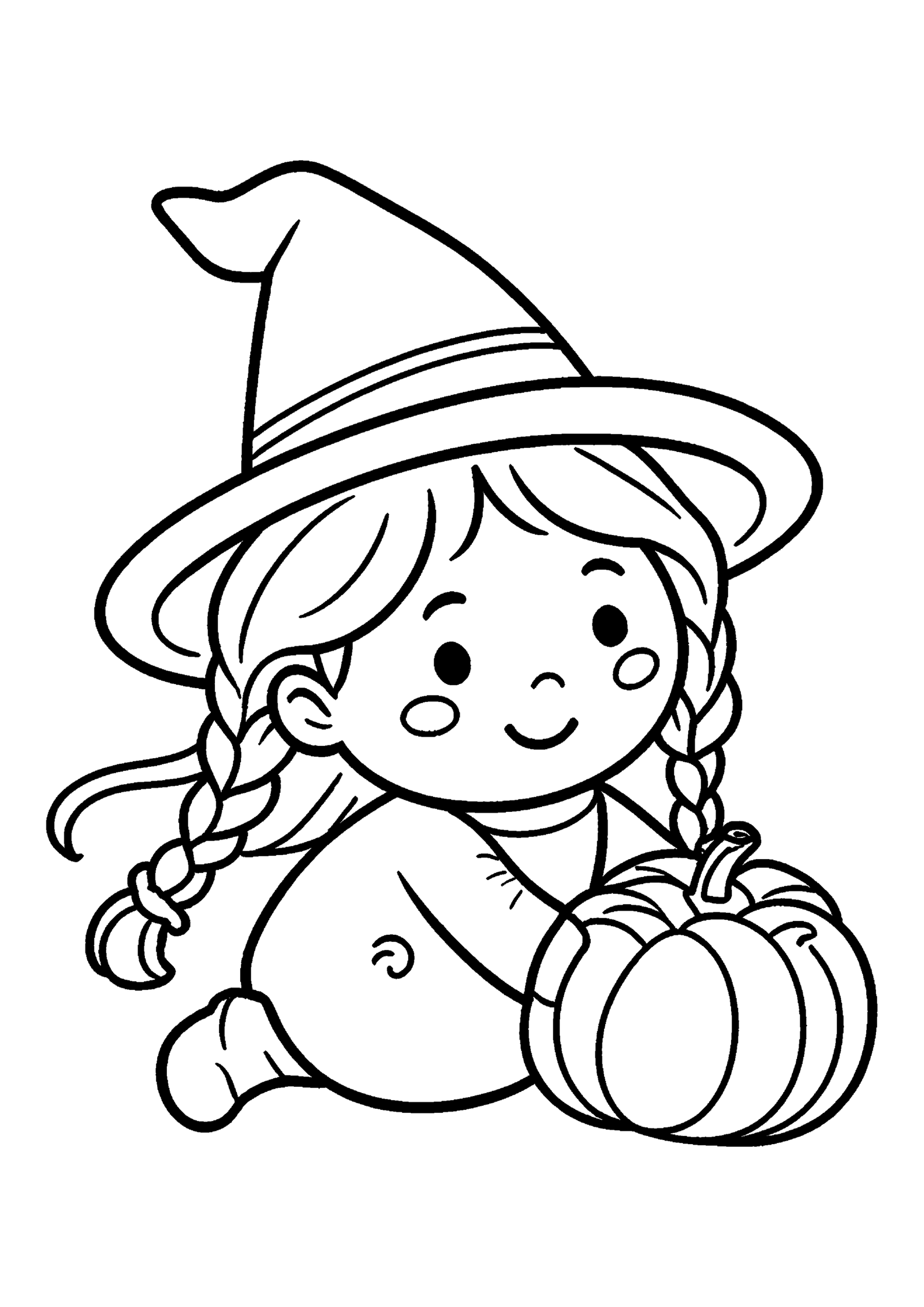 Coloriage Petite sorcière cueillant une citrouille, variante 2