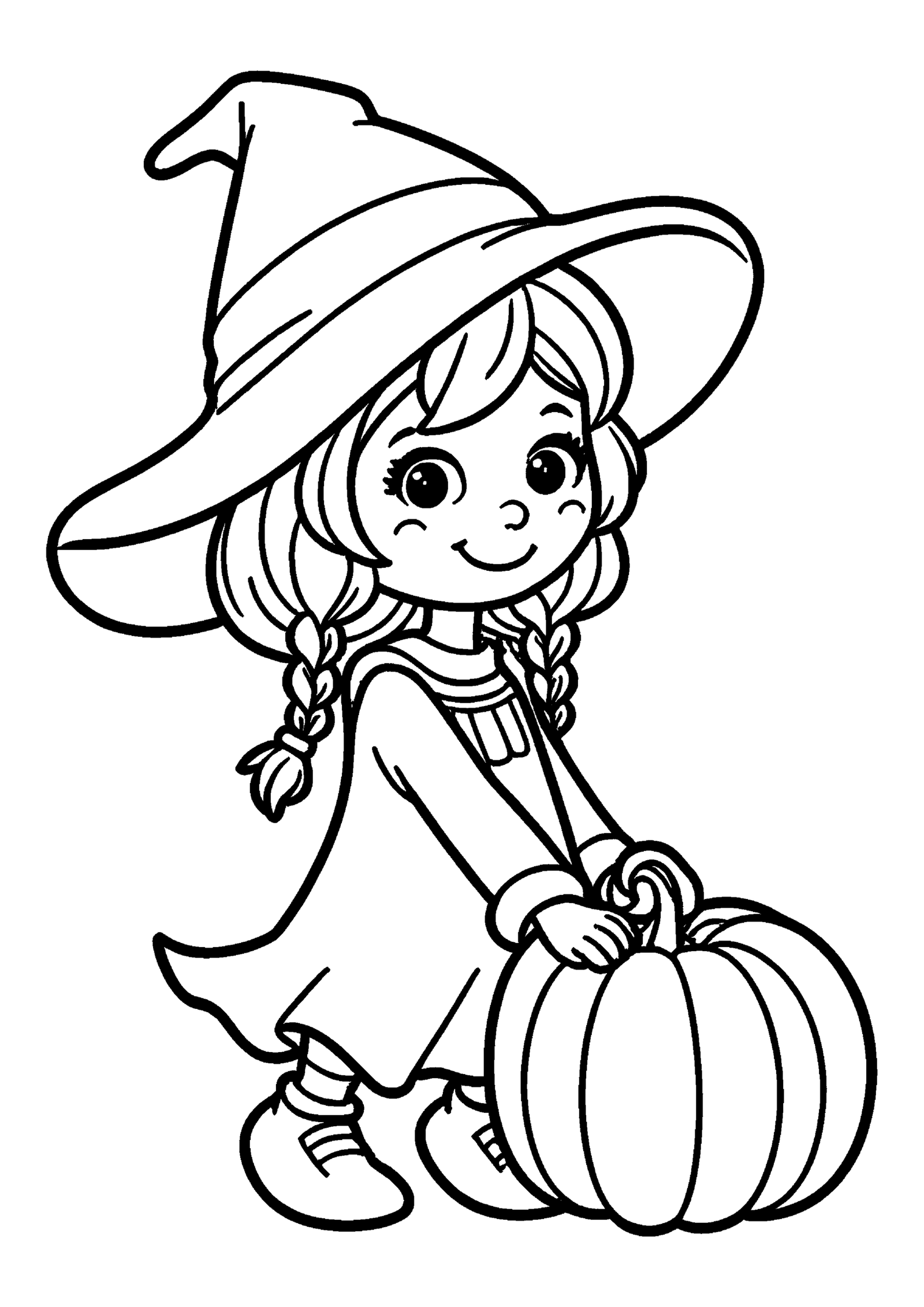 Coloriage Petite sorcière cueillant une citrouille, variante 3