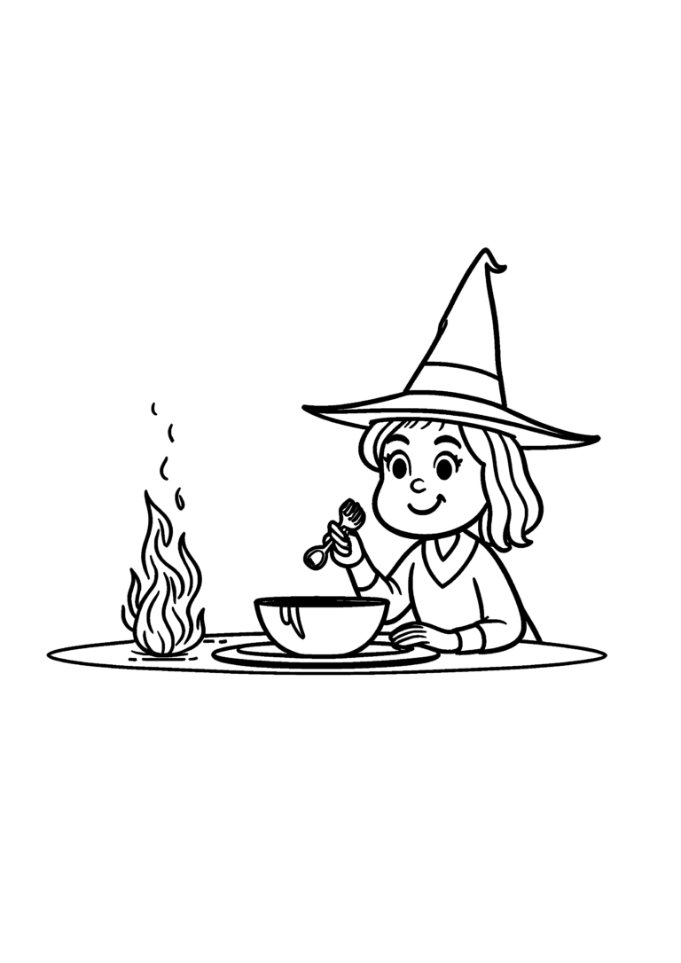 Coloriage Petite sorcière dînant au feu à imprimer gratuitement