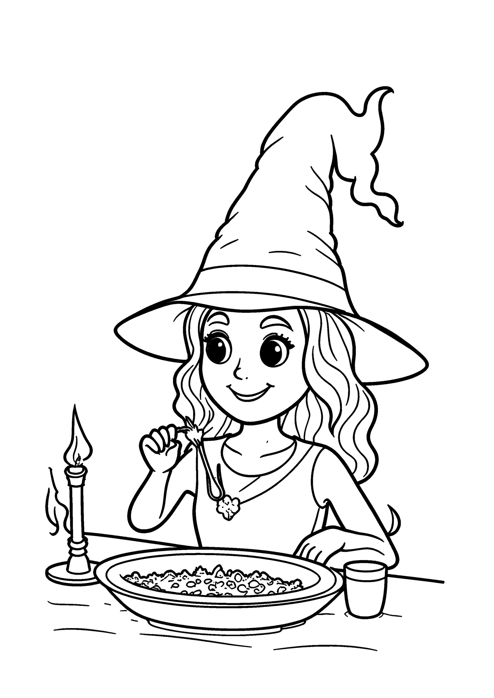 Coloriage Petite sorcière dînant au feu, variante 2