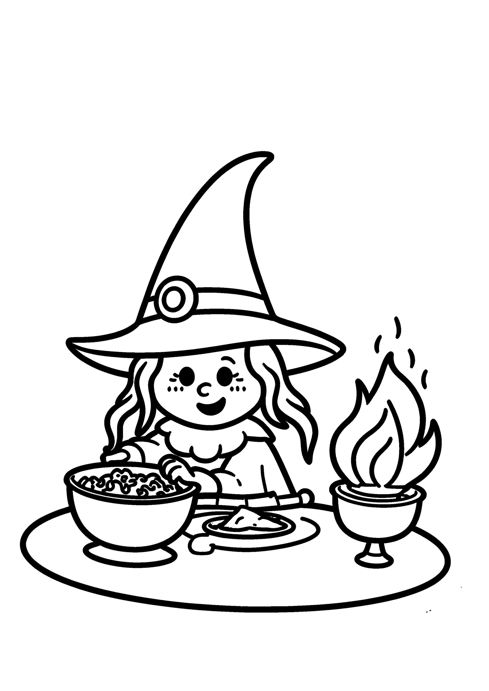 Coloriage Petite sorcière dînant au feu, variante 3