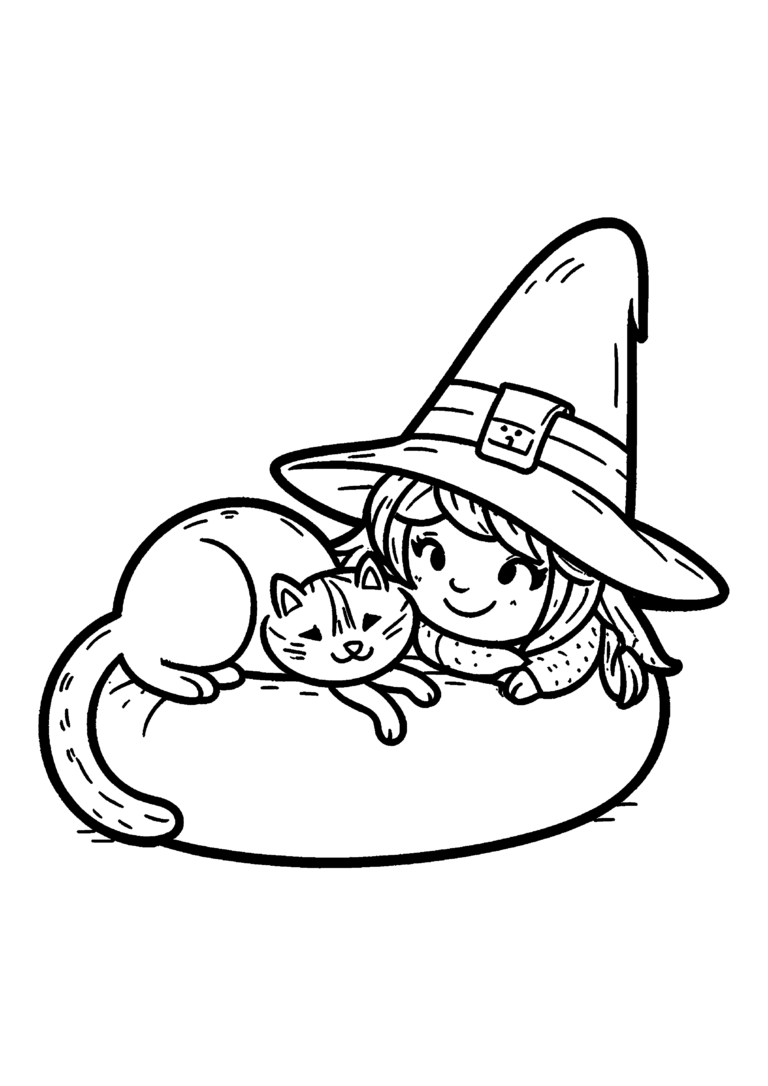 Coloriage Petite sorcière endormie avec son chat à imprimer gratuitement
