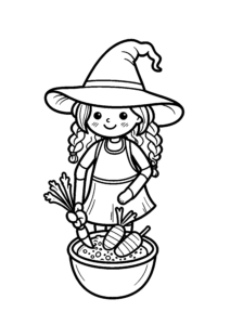 Petite sorcière épluchant des carottes