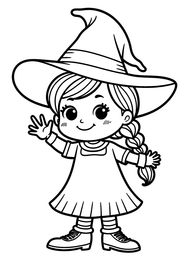 Coloriage Petite sorcière faisant coucou à imprimer gratuitement