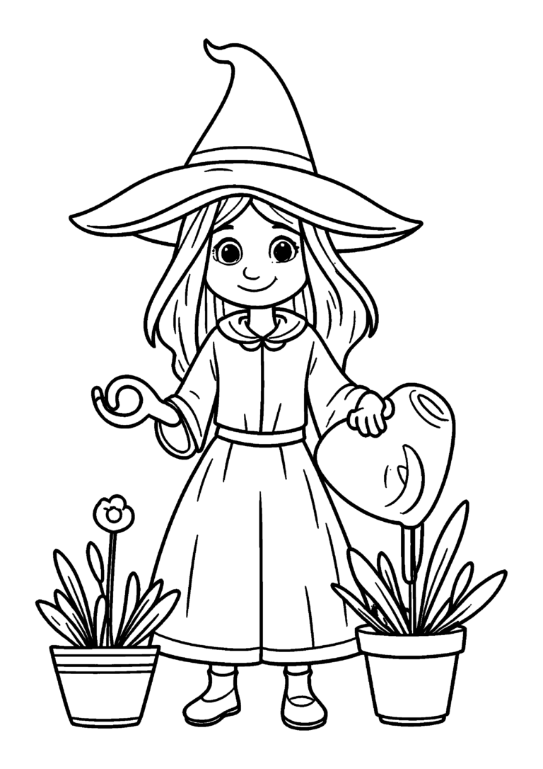 Coloriage Petite sorcière joyeuse arrosant des plantes à imprimer gratuitement