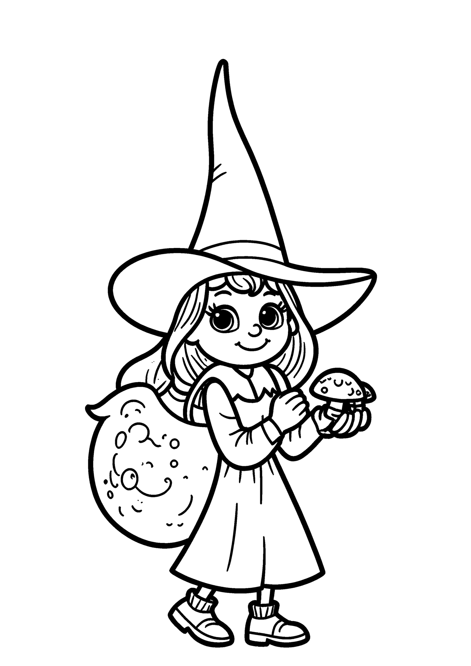 Coloriage Petite sorcière joyeuse au chapeau pointu, variante 2