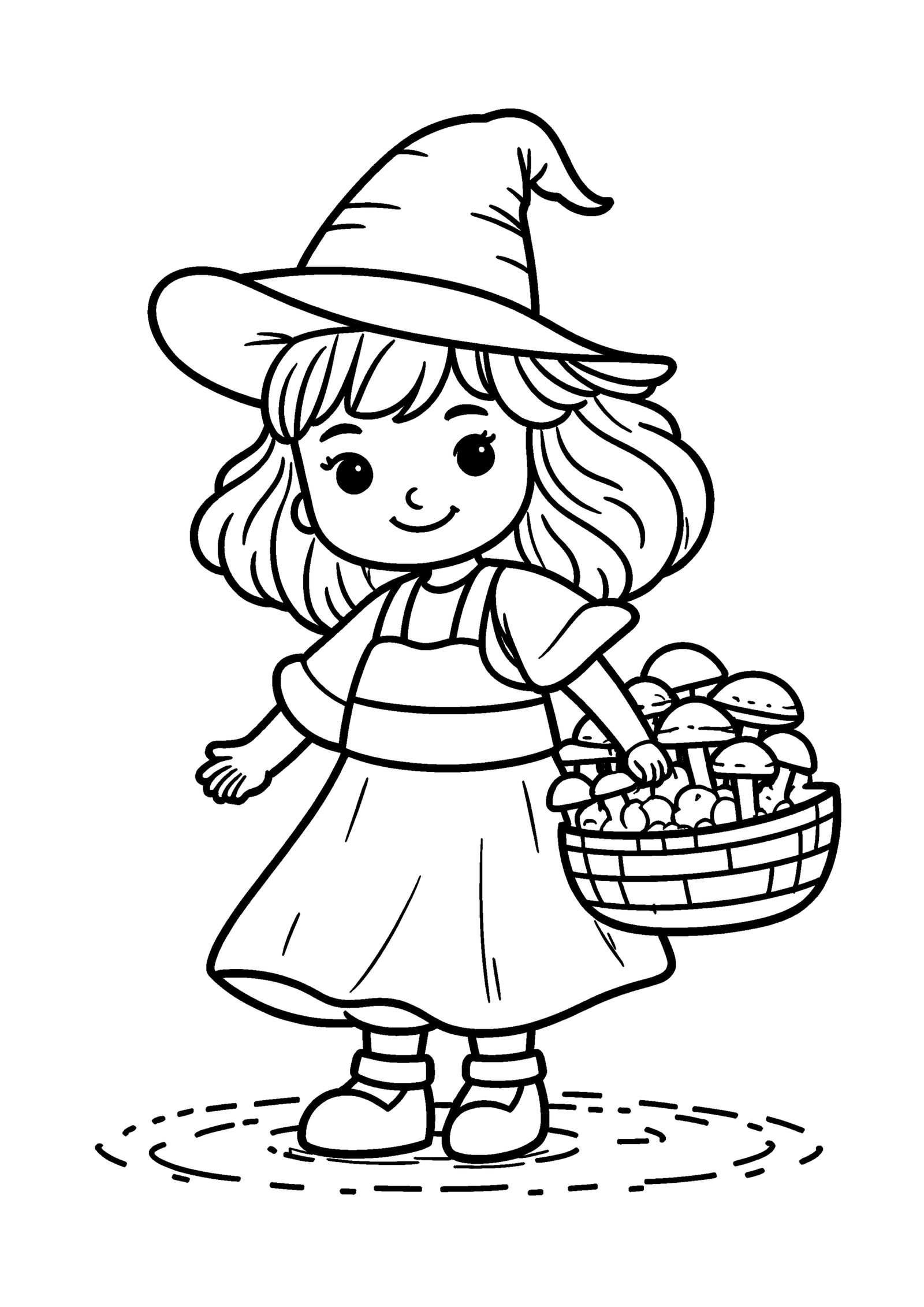 Coloriage Petite sorcière joyeuse au chapeau pointu, variante 3