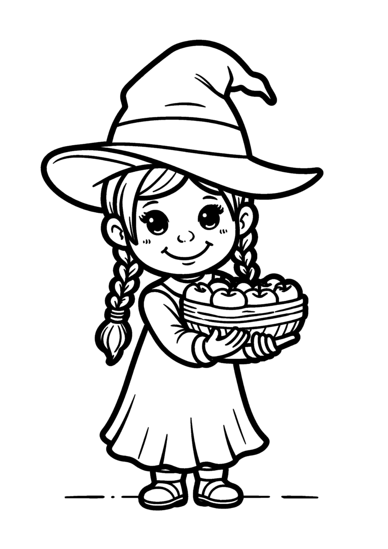 Coloriage Petite sorcière joyeuse aux cheveux tressés à imprimer gratuitement
