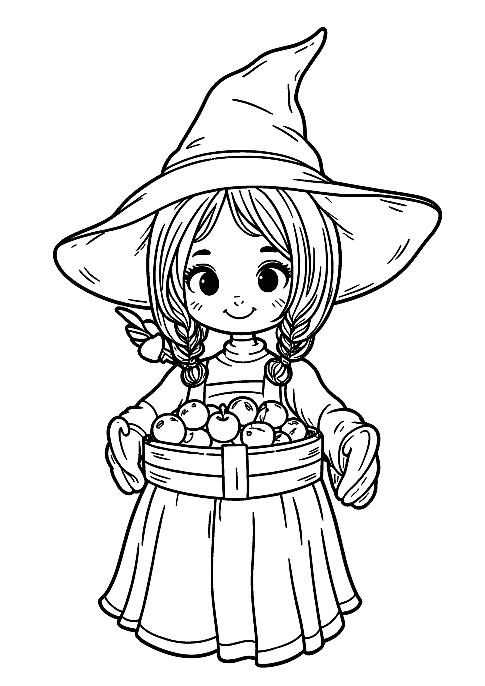 Coloriage Petite sorcière joyeuse aux cheveux tressés, variante 2