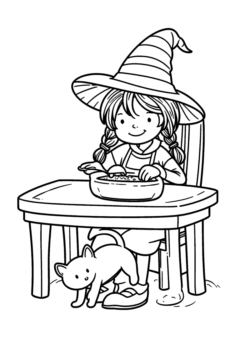 Coloriage Petite sorcière joyeuse nourrissant son chat à imprimer gratuitement