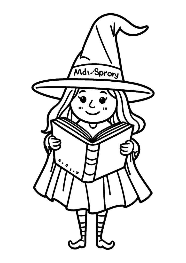 Coloriage Petite sorcière lisant un grimoire à imprimer gratuitement