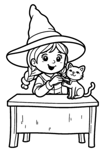 Petite sorcière nourrissant son chat