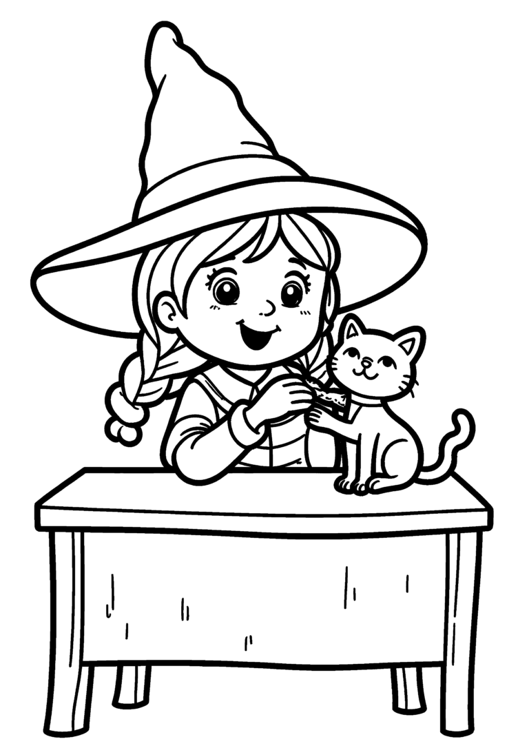Coloriage Petite sorcière nourrissant son chat à imprimer gratuitement