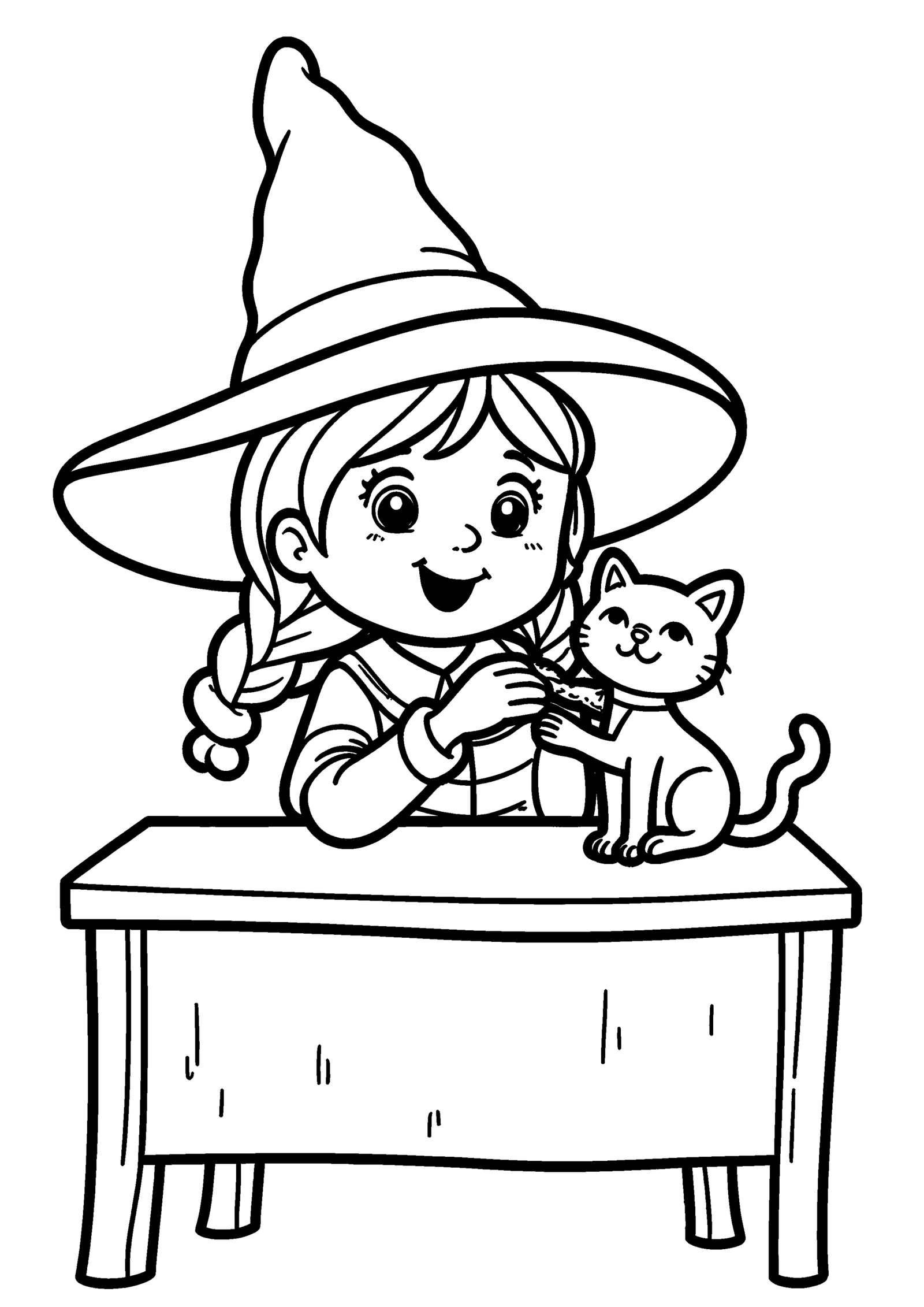 Coloriage Petite sorcière nourrissant son chat, variante 1