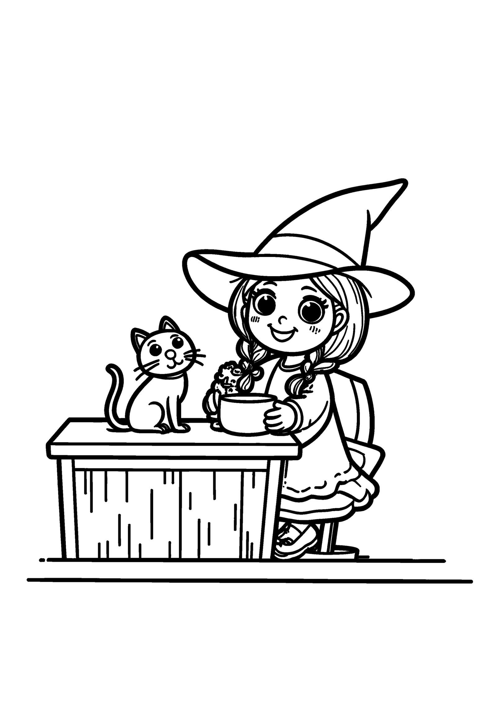 Coloriage Petite sorcière nourrissant son chat, variante 2