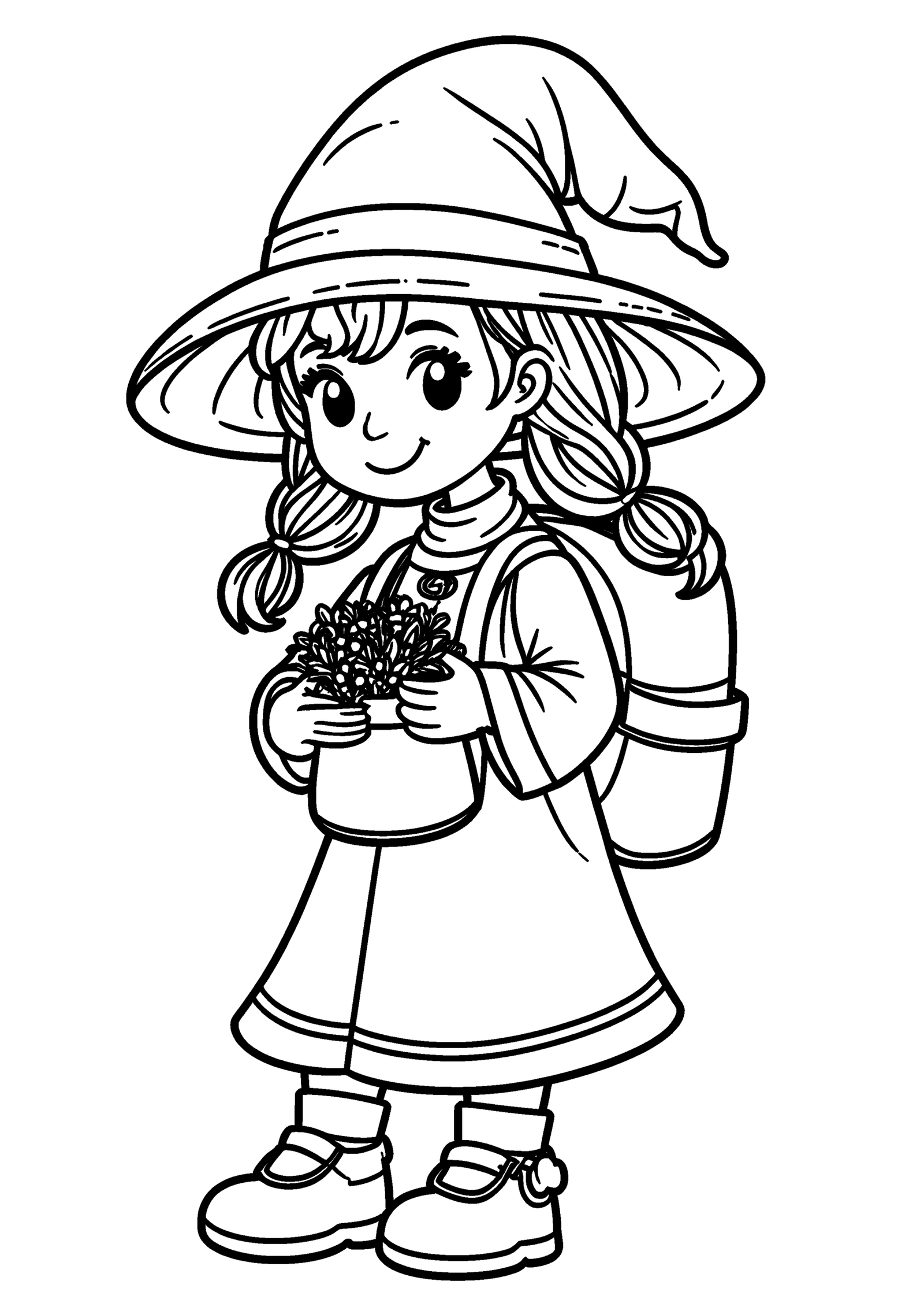 Coloriage Petite sorcière préparant sa besace, variante 2
