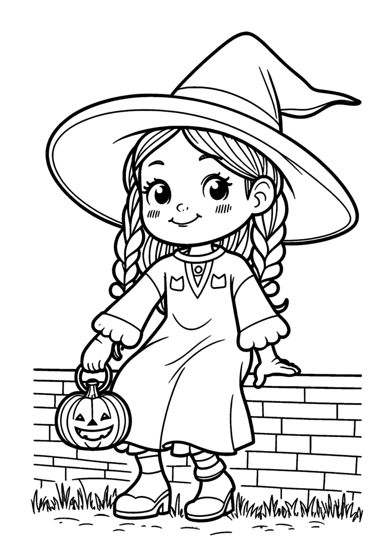 Coloriage Petite sorcière sur le muret à imprimer gratuitement