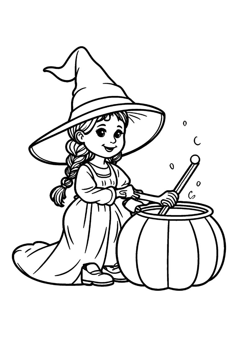 Coloriage Petite sorcière tressant ses cheveux à imprimer gratuitement