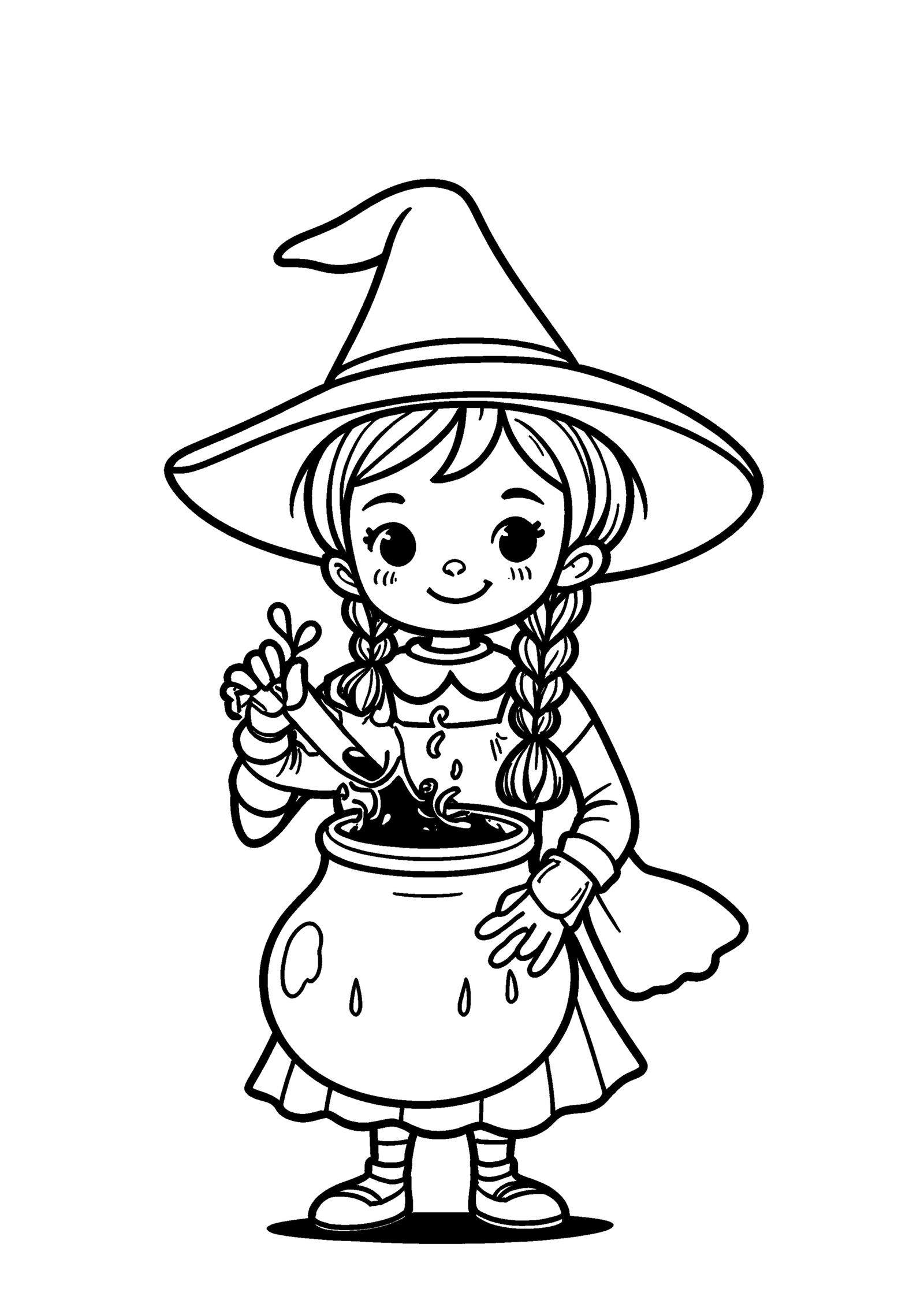 Coloriage Petite sorcière tressée, variante 2