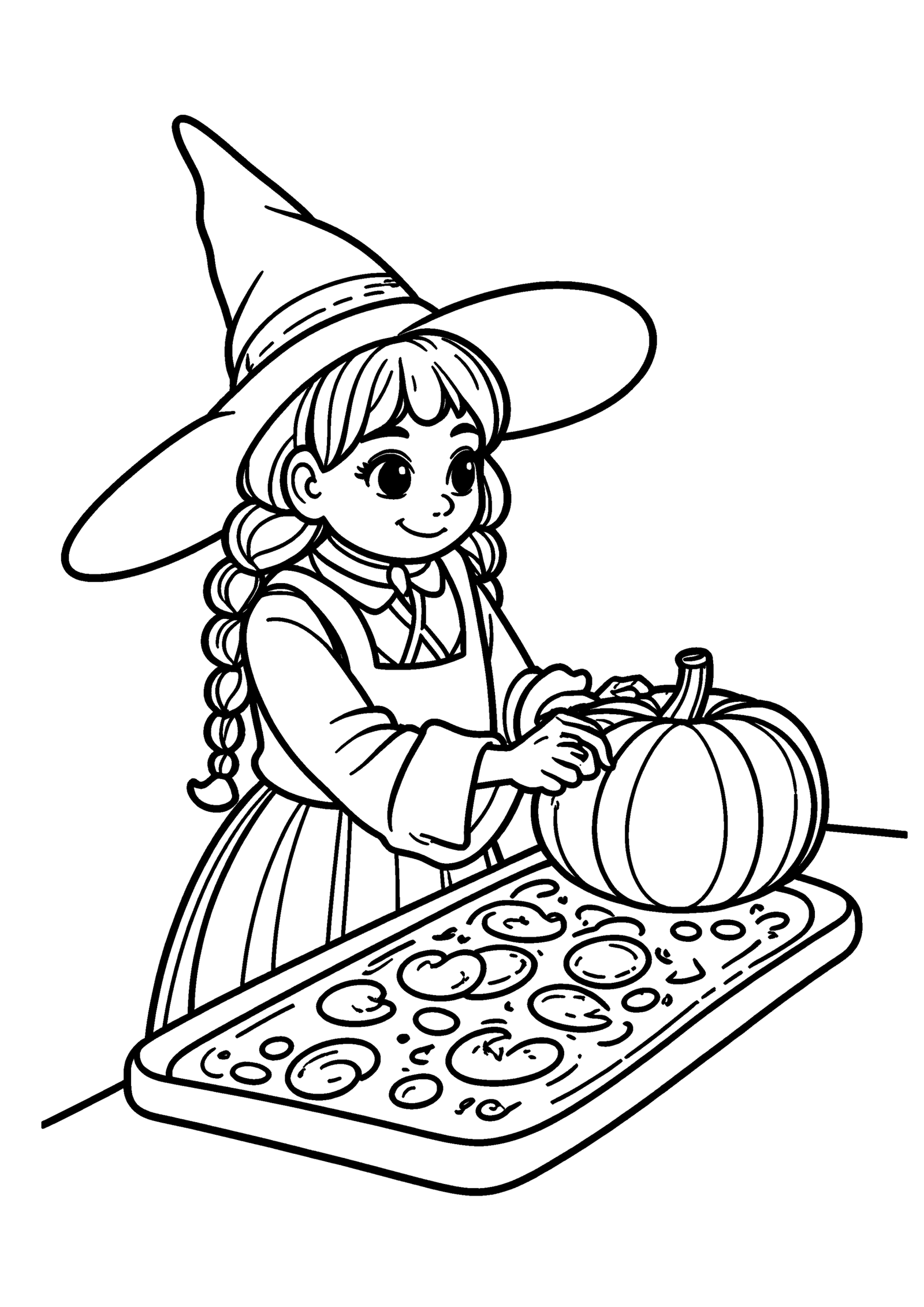Coloriage Petite sorcière tressée cuisant des biscuits, variante 1